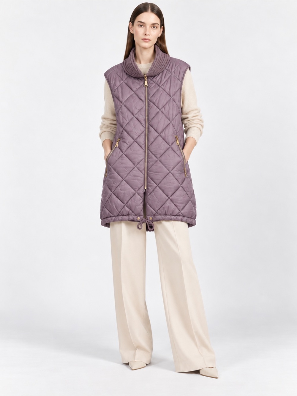 Max Mara Quilted Zip Up Long Vest Coat in Purple - L
